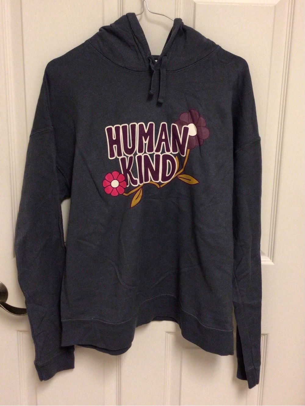 ComfortWash Vintage Slate Blue Human Kind Floral Hoodie M Granola Vintage Vibe